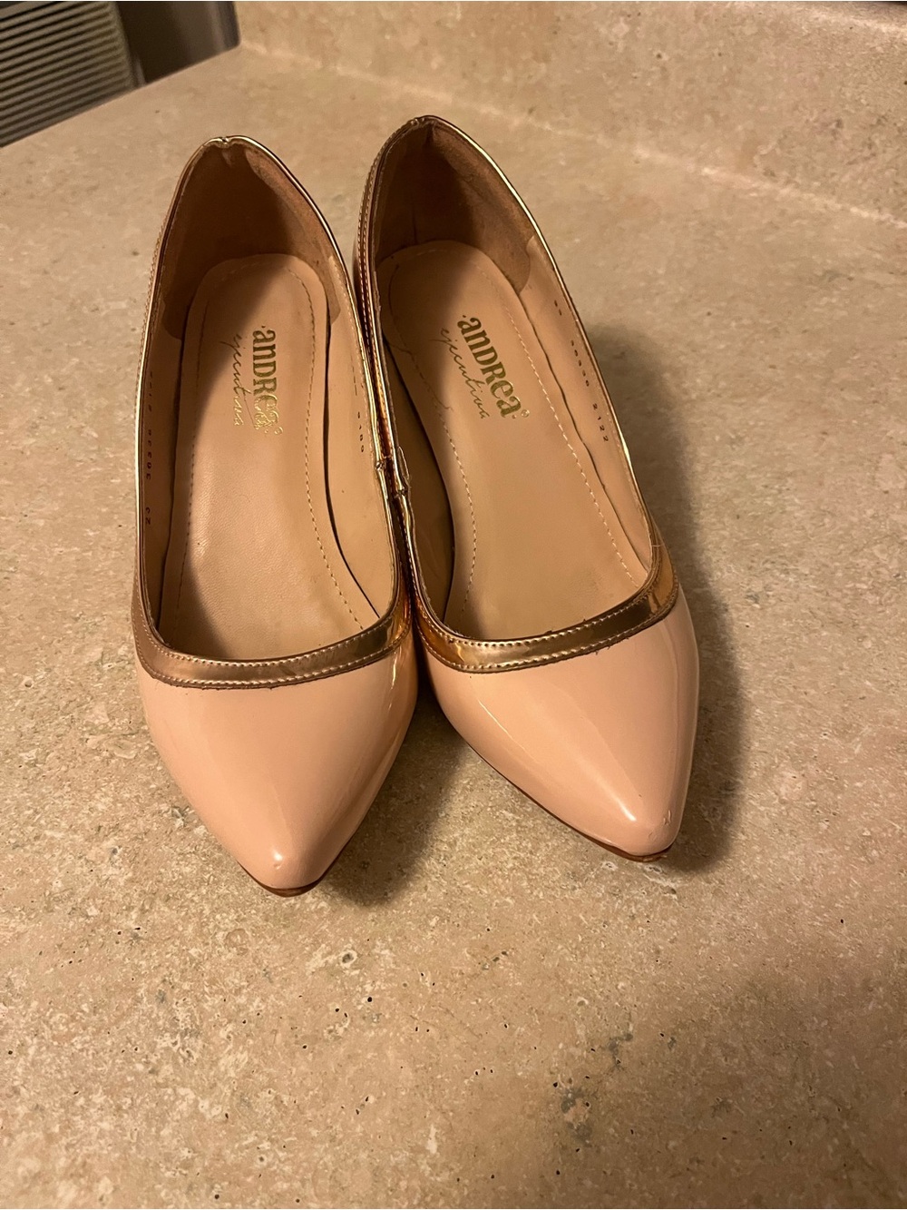 ANDREA FENZI Blush Patent Pointed-Toe Flats with Gold Trim